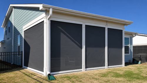 Motorized Retractable Screens enclosing a covered porch at a Georgia home.