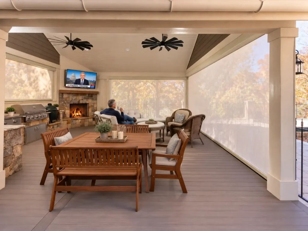 lifestyle image poolside pavilion with Magnatrack retractable screensa